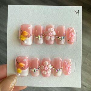 Pink Floral 3D Press-On Nail Set with Rhinestones